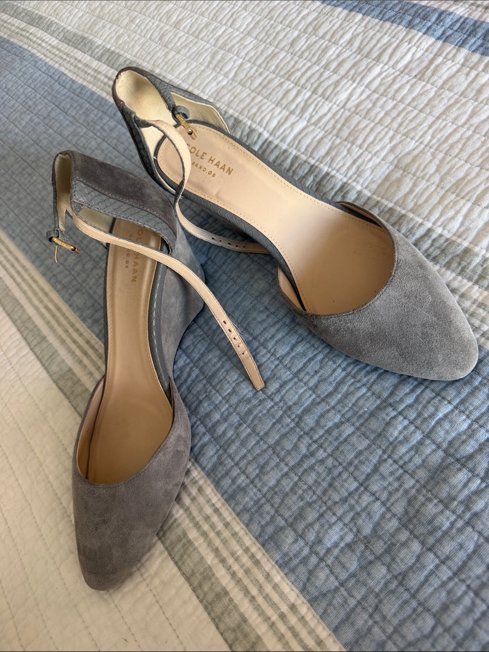 Cole Haan Gray Suede Pointed-Toe Ankle-Strap Flats - Picture 3 of 4